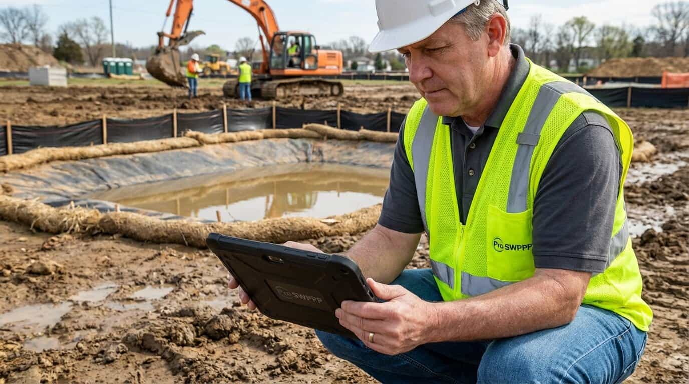 Inspector reviewing SWPPP documentation on tablet at active construction site with visible BMPs