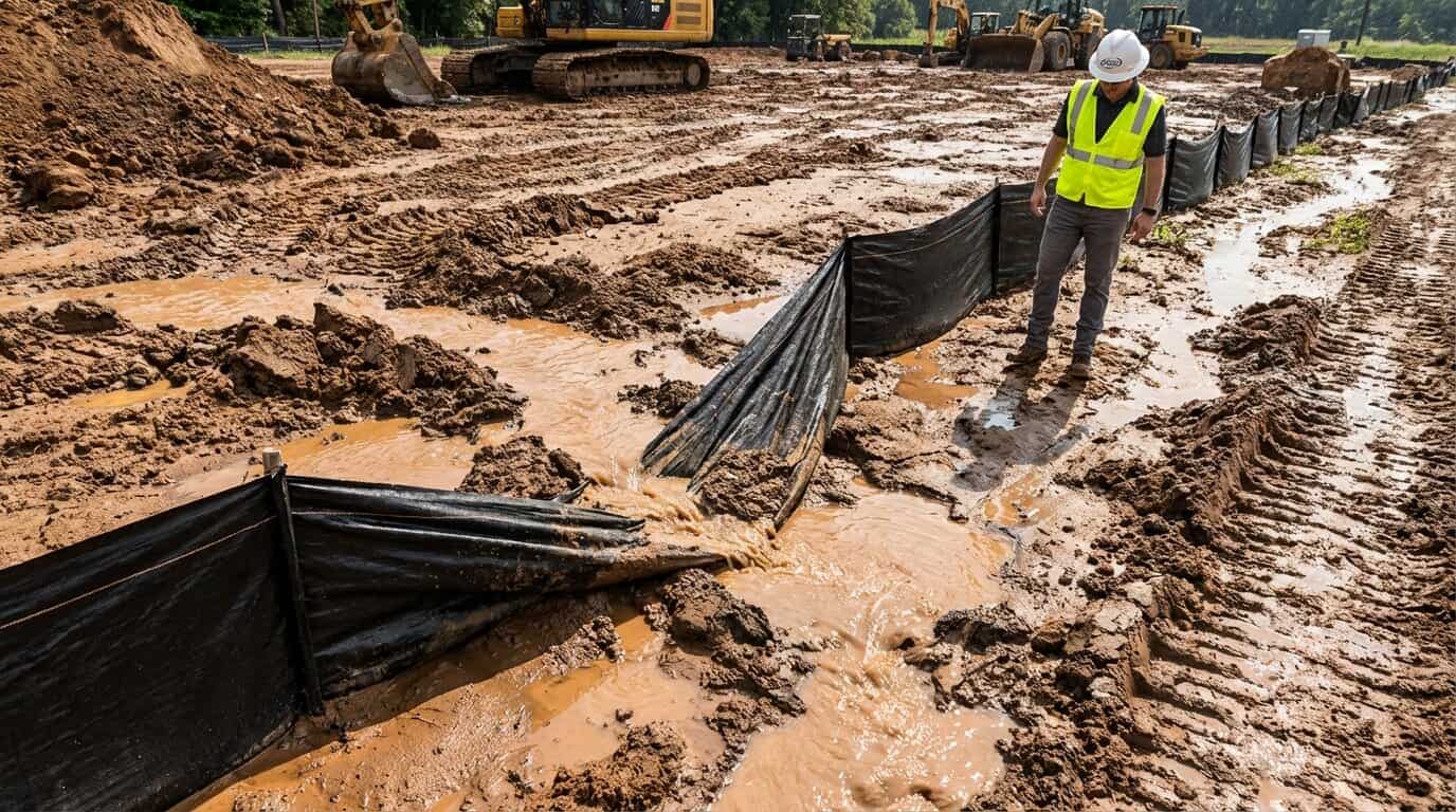 construction site with muddy runoff and collapsed silt fence