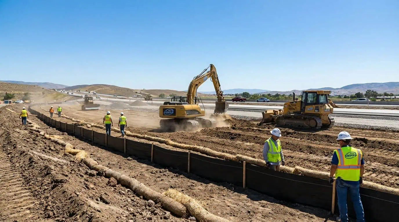 Wide shot of highway construction site with earth-moving equipment and clear blue sky, showing active grading work and silt fencing in foreground