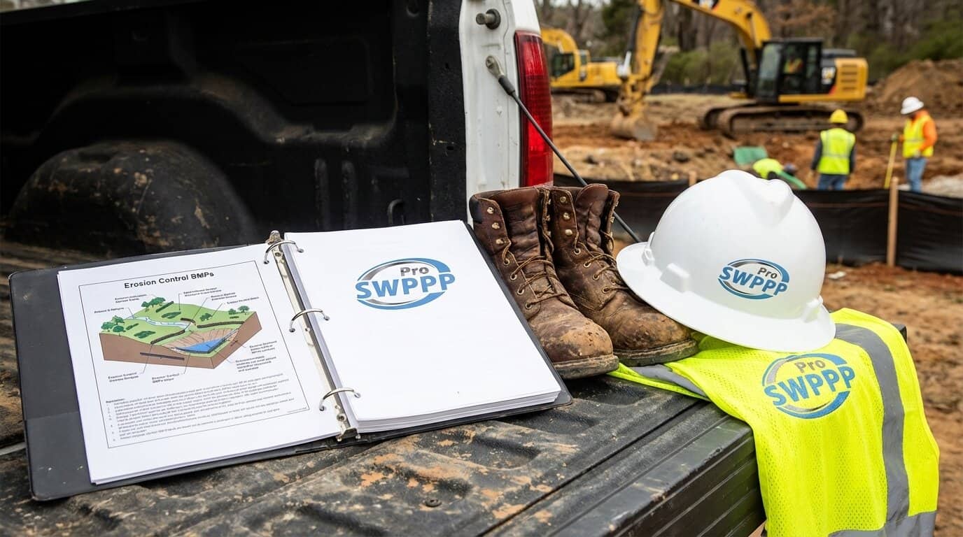 Close-up of SWPPP binder on truck tailgate with construction boots and hard hat visible, erosion control BMPs diagram visible on open page