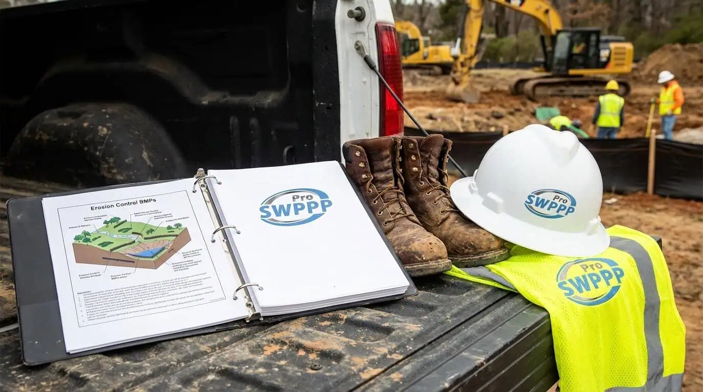 Close-up of SWPPP binder on truck tailgate with construction boots and hard hat visible, erosion control BMPs diagram visible on open page