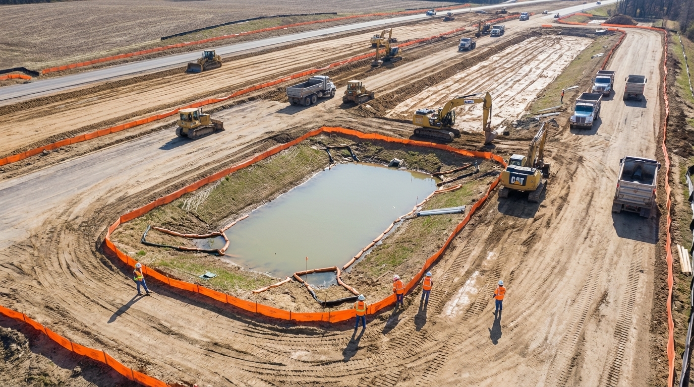 Aerial view of highway construction with multiple lanes being graded, stormwater detention pond visible, and orange safety fencing along disturbed areas