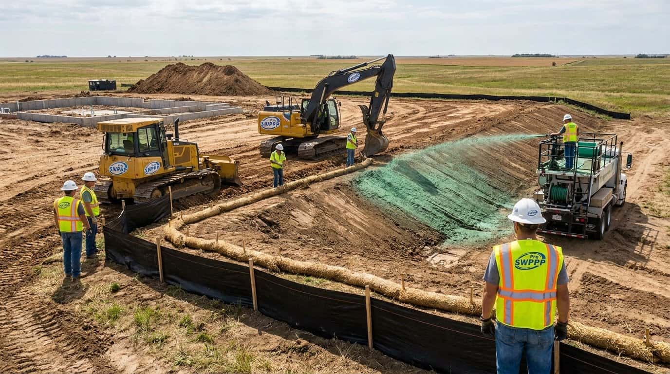 Construction site in Kansas with erosion control measures and grading work in progress