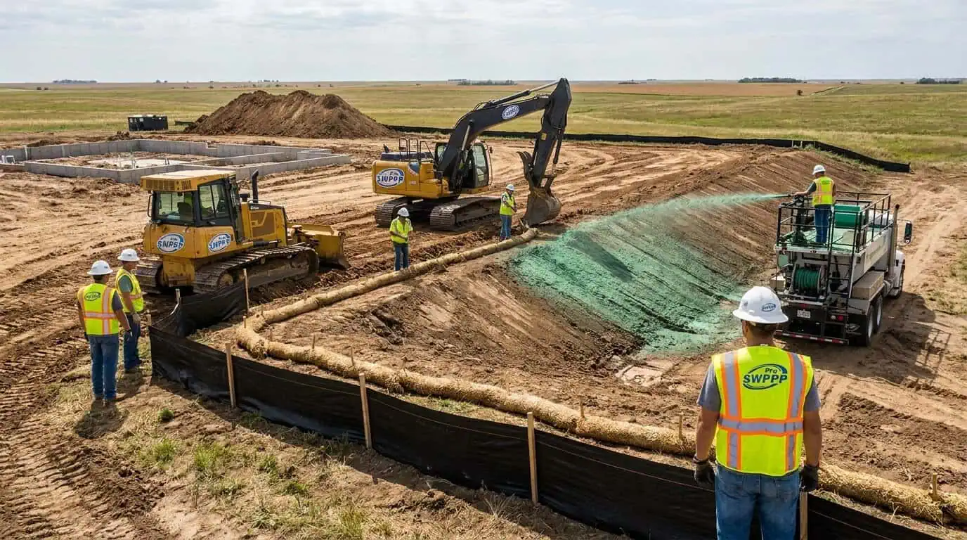 Construction site in Kansas with erosion control measures and grading work in progress