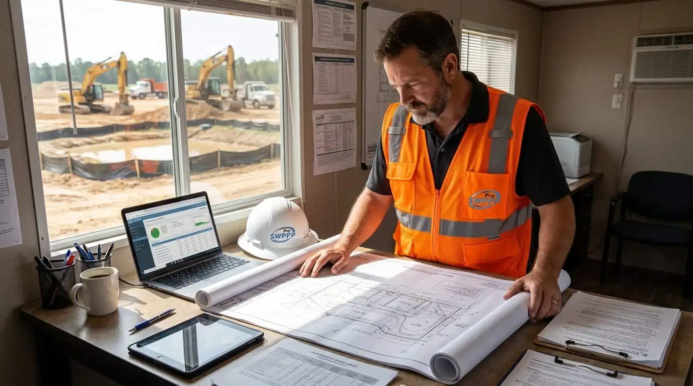 CPESC certified professional reviewing stormwater management plans on a construction trailer desk