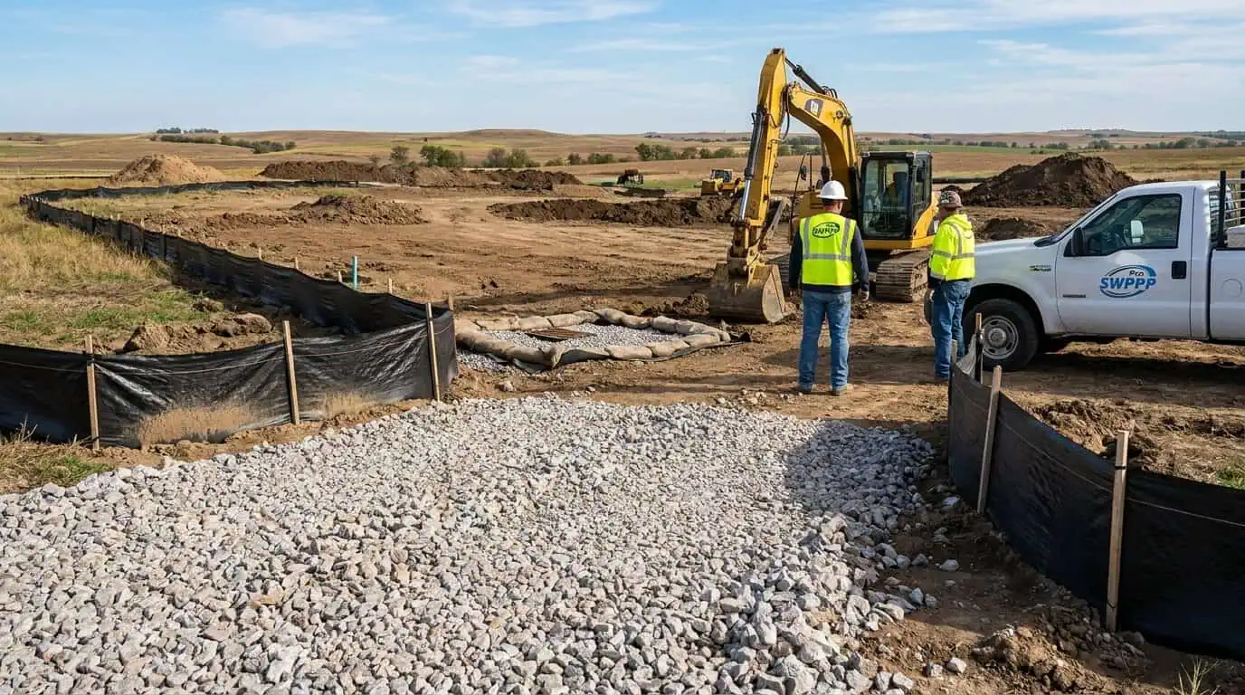 Kansas construction site showing silt fences, inlet protection, and stabilized construction entrance