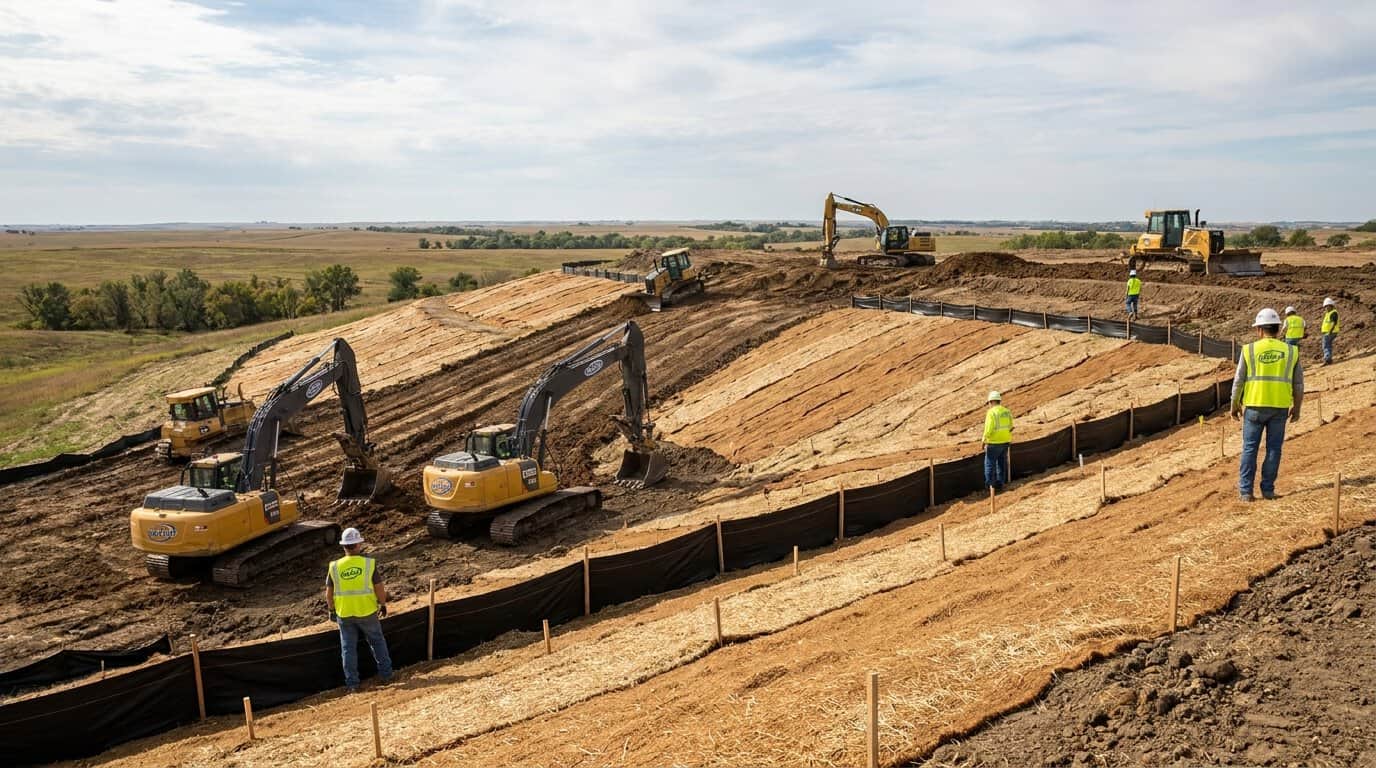 Wide shot of a Kansas construction site with erosion control blankets and silt fences installed along a hillside during earthwork operations