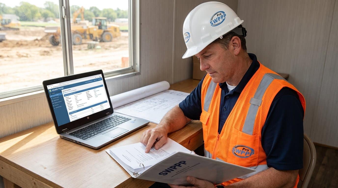 Close-up of a KDHE inspector reviewing a SWPPP binder at a construction site office with a laptop showing the KEIMS portal