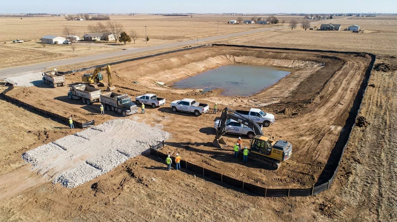 Aerial view of a Kansas construction site showing detention basin, silt fences around the perimeter, and stabilized entrance with rock pad
