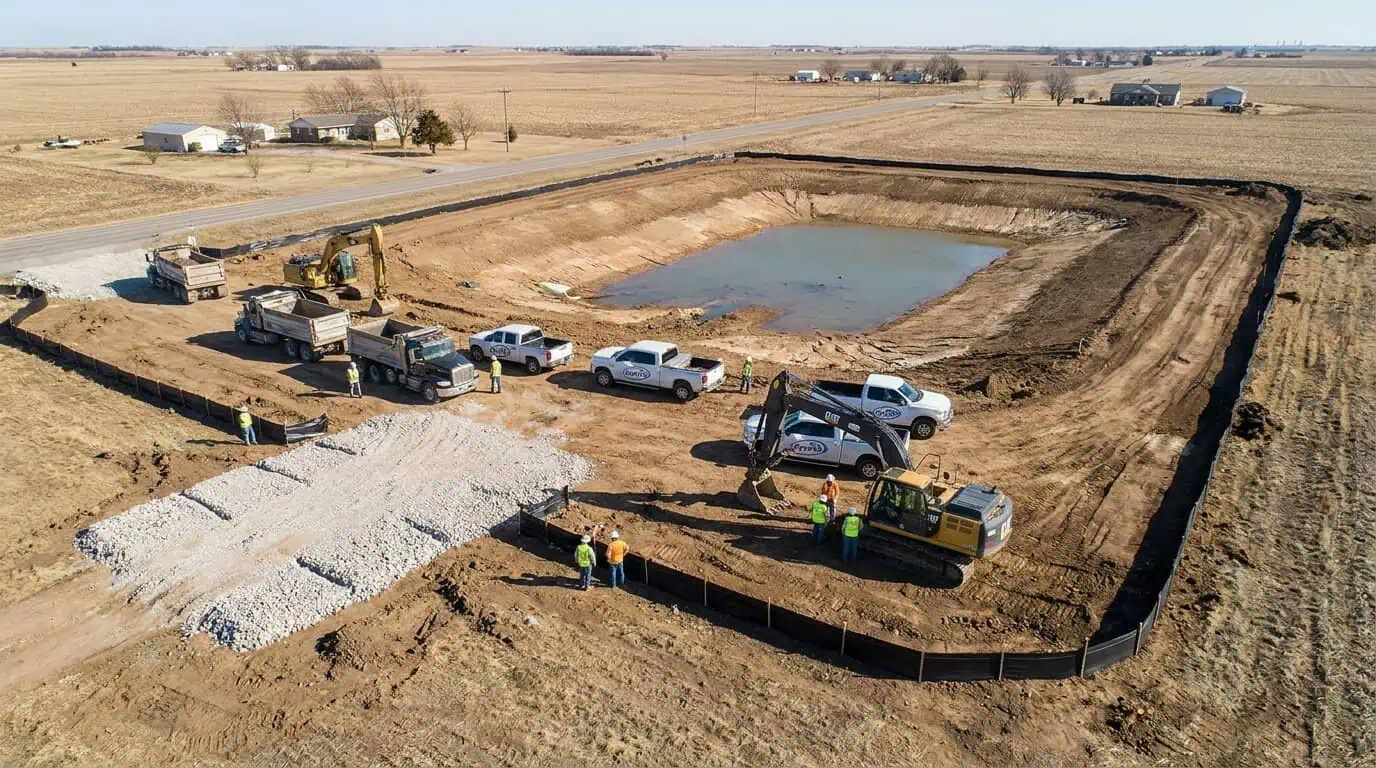 Aerial view of a Kansas construction site showing detention basin, silt fences around the perimeter, and stabilized entrance with rock pad