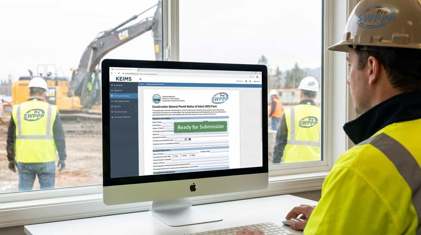 Screen capture of the KEIMS online portal showing a completed Construction General Permit NOI form ready for submission