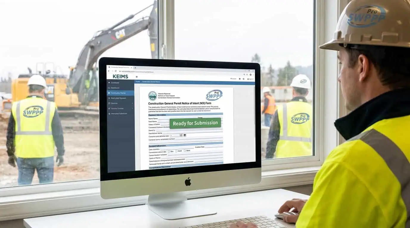 Screen capture of the KEIMS online portal showing a completed Construction General Permit NOI form ready for submission