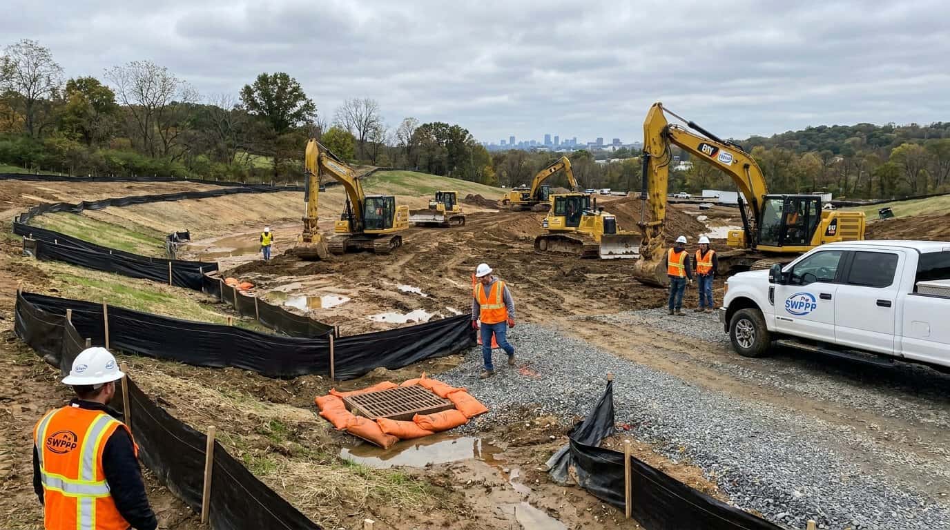 Construction site in New Jersey with silt fences and inlet protection on an active earthwork project under cloudy skies