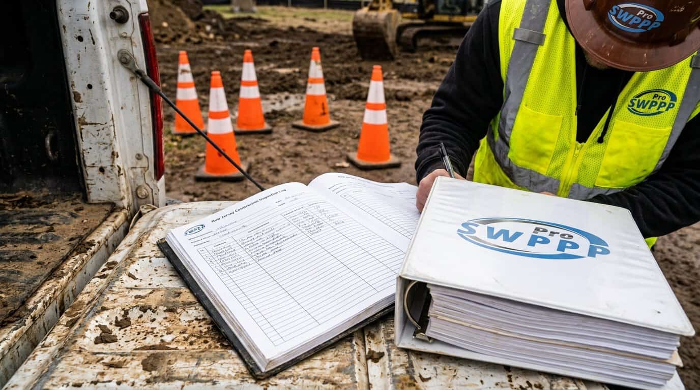 Close-up of a New Jersey construction site inspection log and SPPP binder on a muddy tailgate with orange safety cones in background