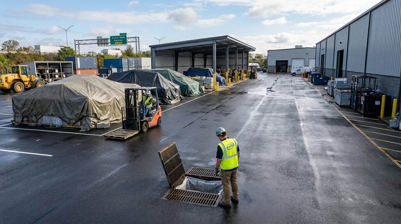 Wide shot of a New Jersey industrial facility yard with covered material storage, paved surfaces, and stormwater inlet protection devices