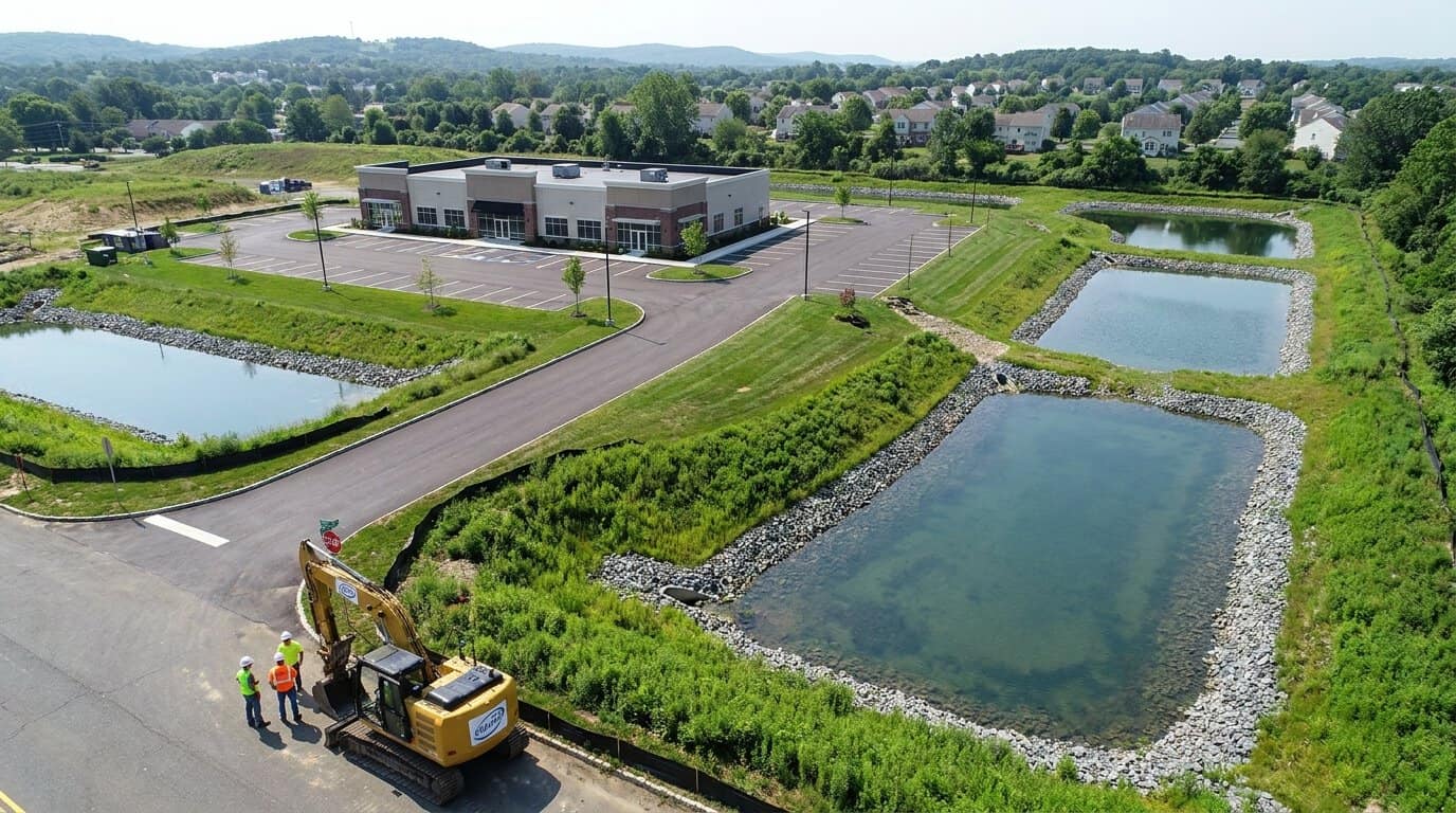 Aerial view of a completed New Jersey construction site with healthy vegetation, functioning stormwater BMPs, and no visible sediment discharge