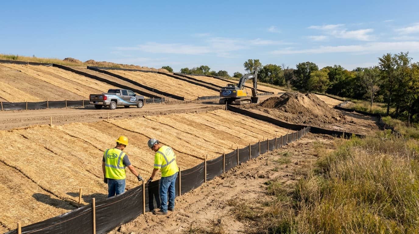Kansas construction site with erosion control blankets and silt fencing installed on a graded slope