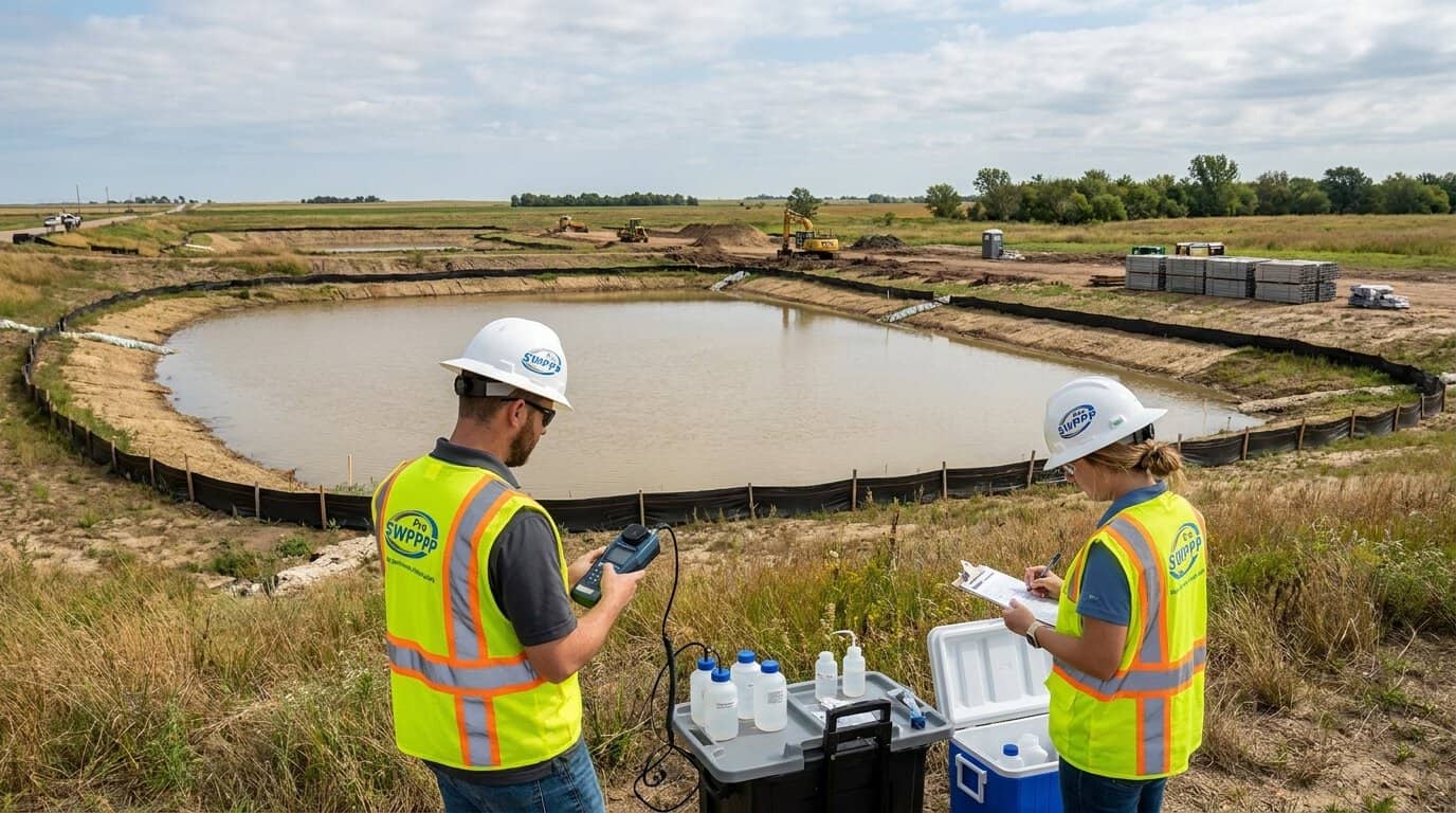 Inspected construction site in Kansas with turbidity monitoring equipment near a sediment pond