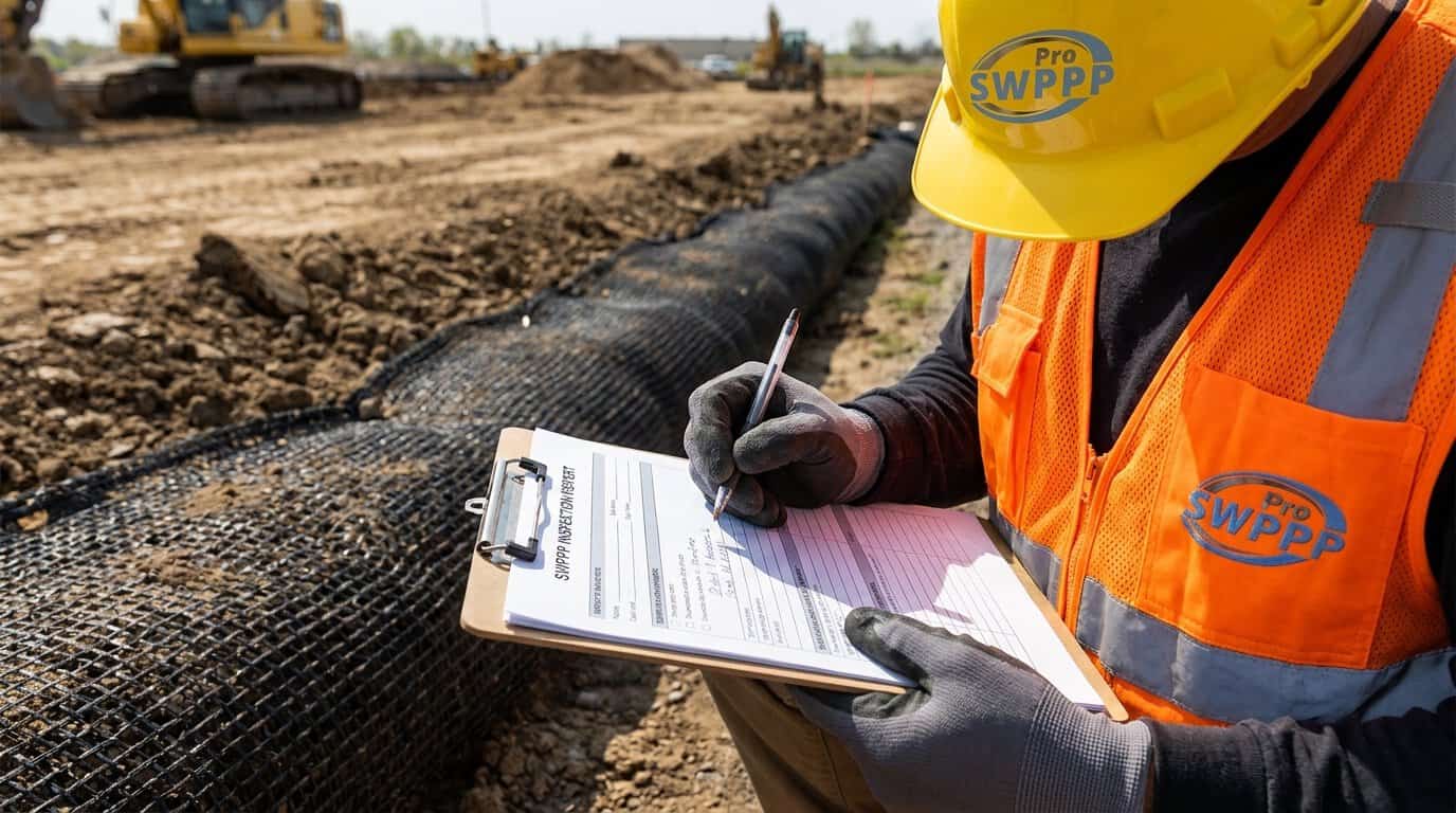 Close-up of a construction inspector filling out a paper SWPPP inspection report next to a sediment control BMP