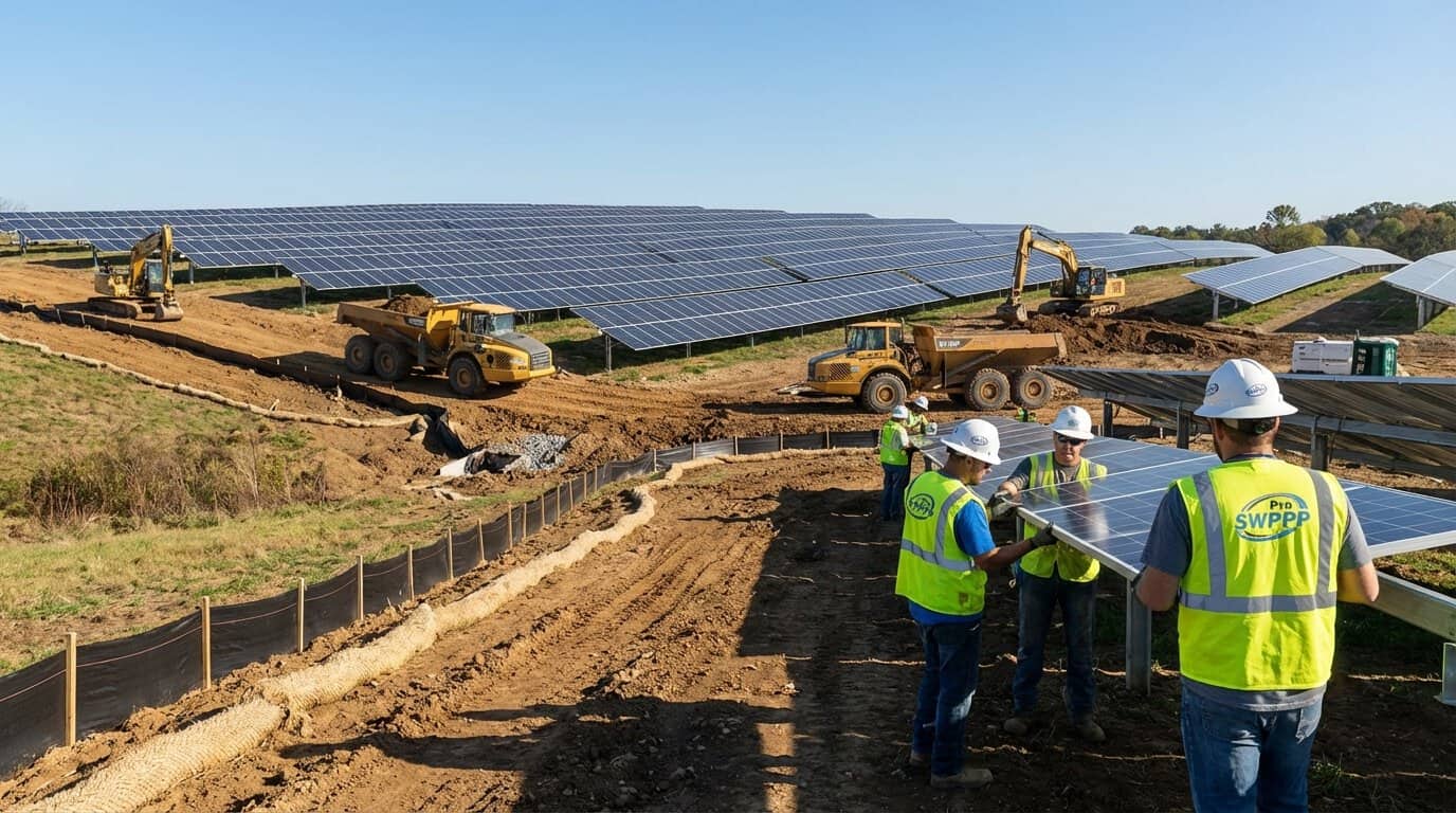 Solar panel installation site with construction equipment and erosion control barriers in place