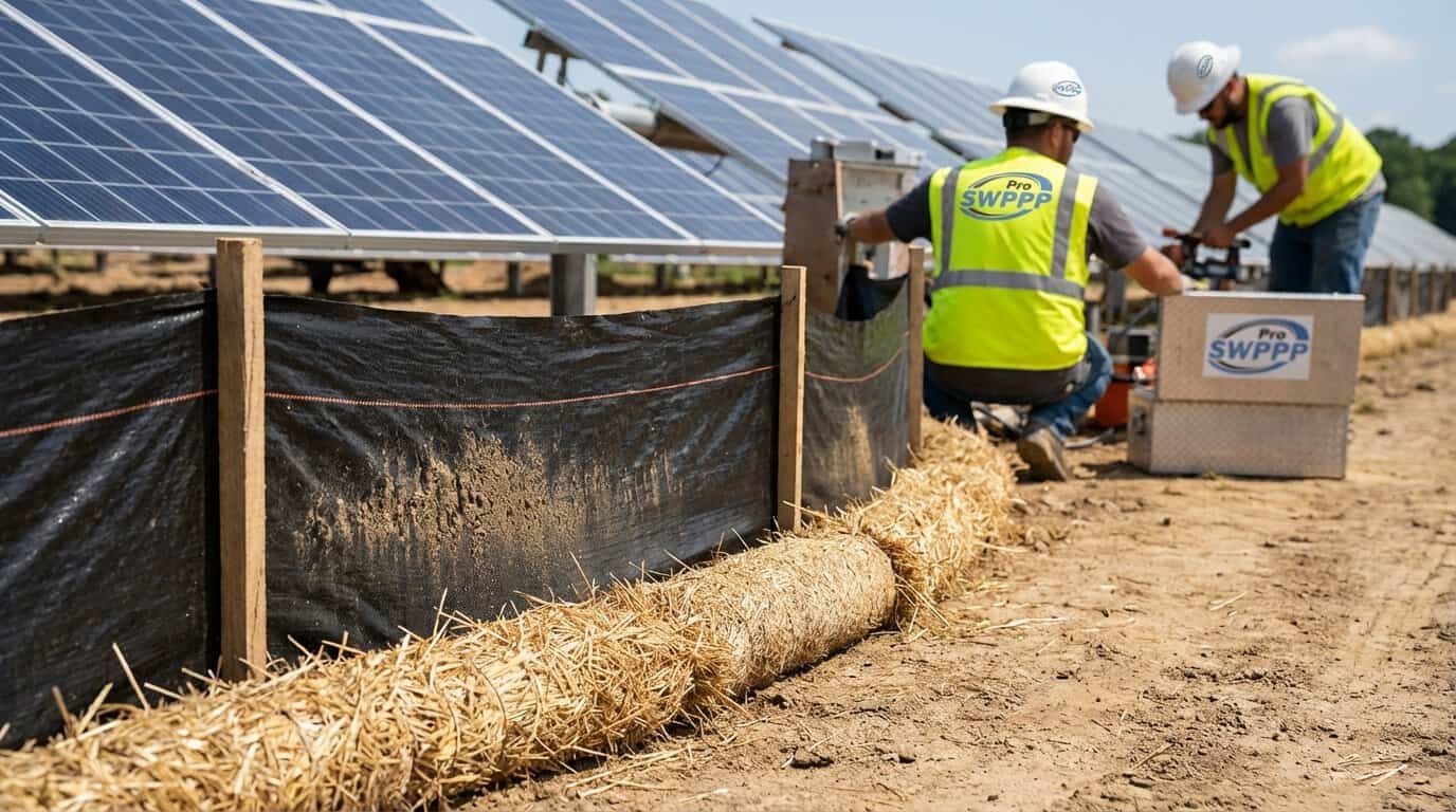Close-up of silt fence and straw wattles installed along solar farm perimeter with visible sediment control