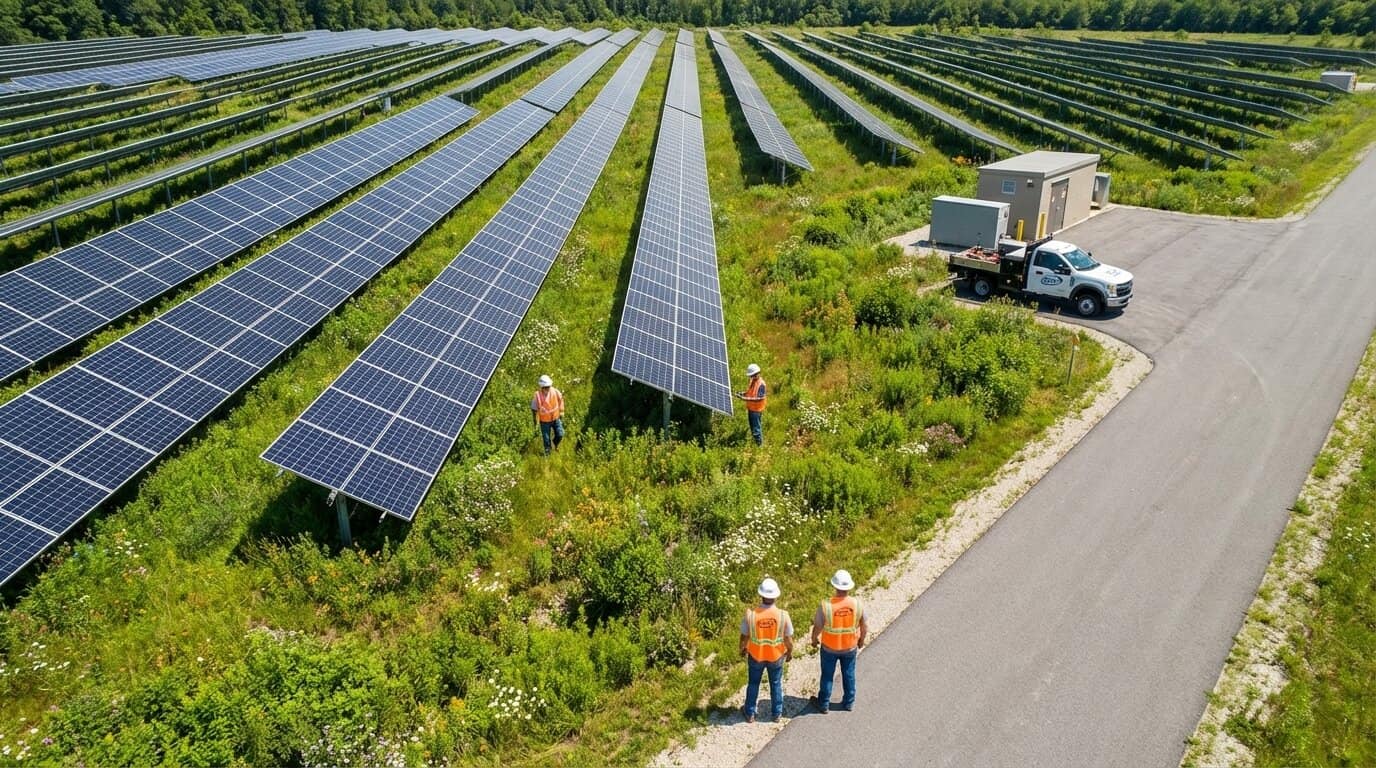 Aerial view of completed solar farm with lush native grasses growing between panel rows and no visible erosion