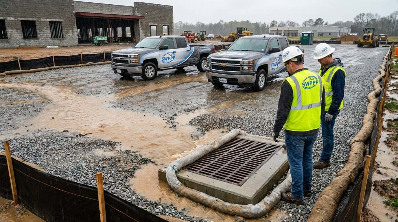 Construction site parking lot with stormwater runoff flowing toward drainage system