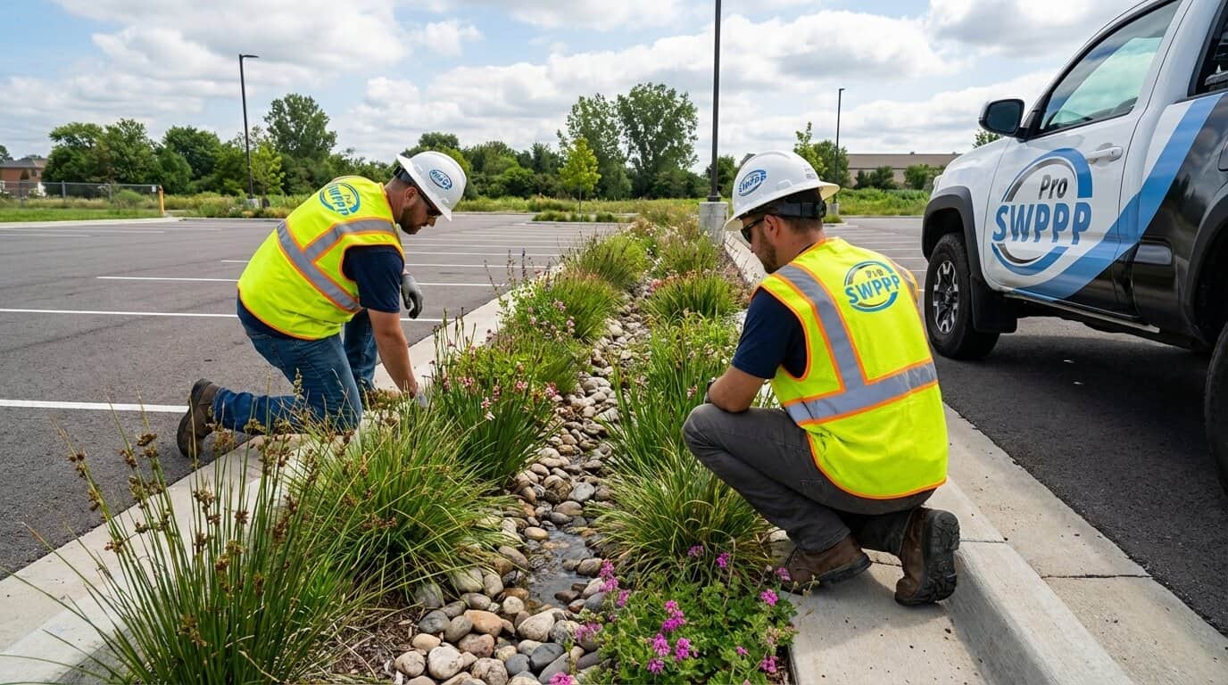 Bioswale installed along parking lot edge with native vegetation filtering stormwater