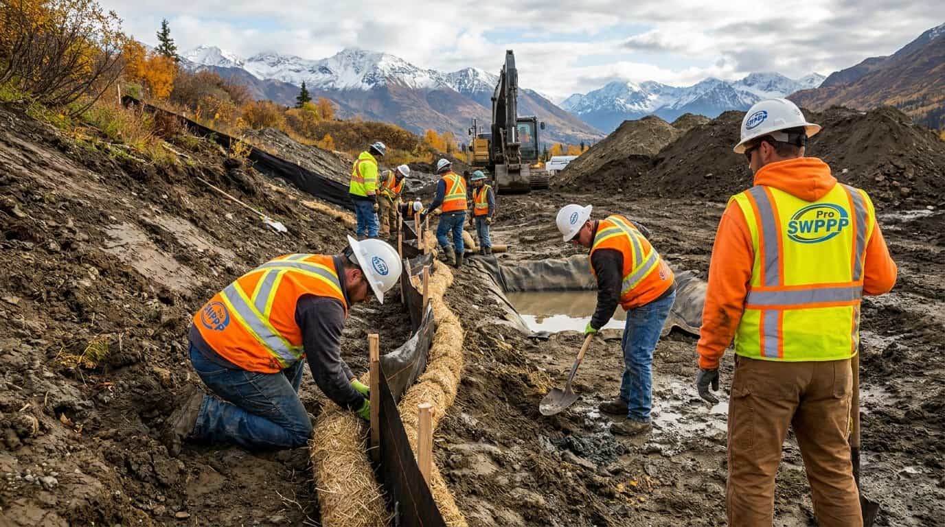 Construction crew working on Alaska site with erosion controls and sediment fencing visible