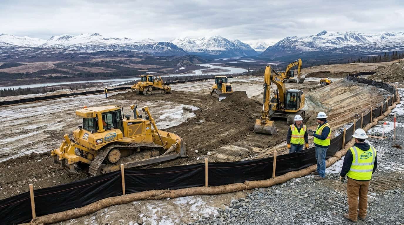 Alaska landscape with construction equipment and BMP installations during early construction phase