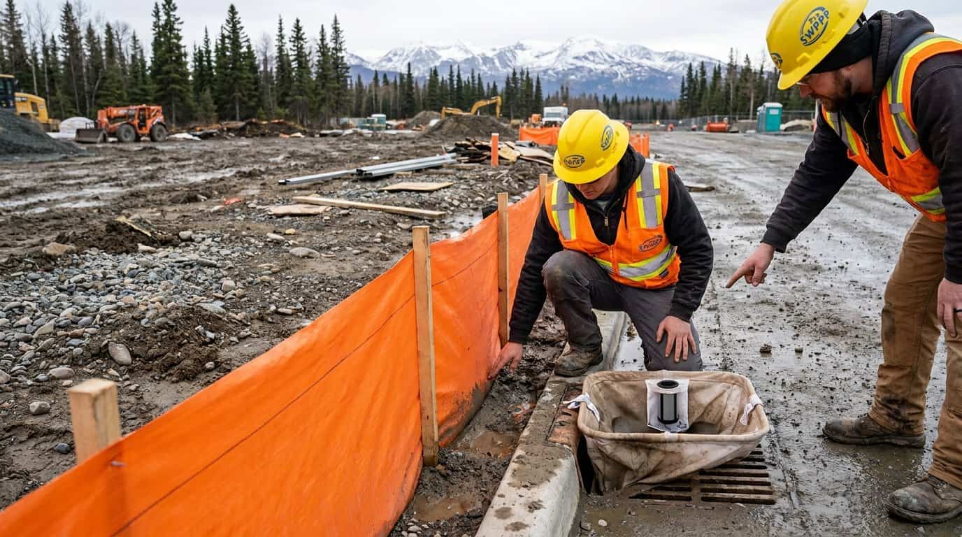 Close-up of sediment control BMPs including silt fence and inlet protection on Alaska construction site