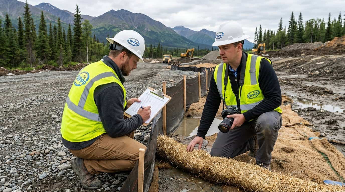 Inspector documenting BMP conditions on Alaska site with clipboard and camera