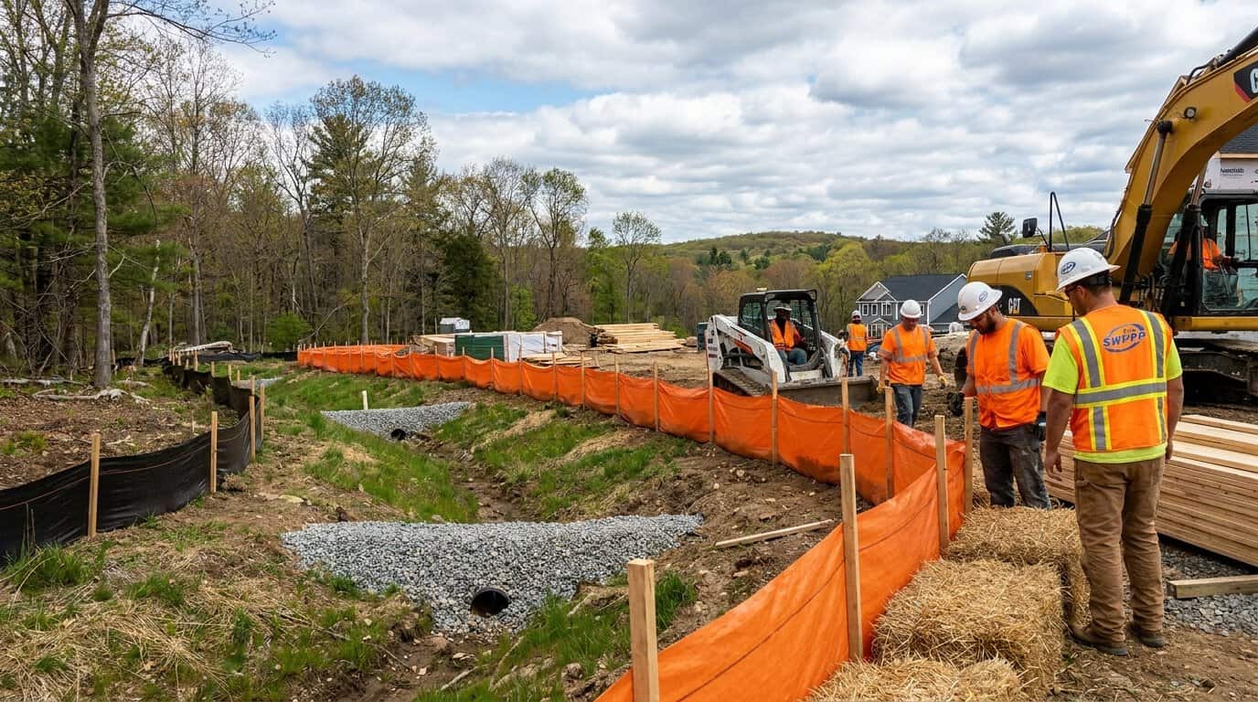 Connecticut construction site with erosion control measures and orange silt fence along a residential development