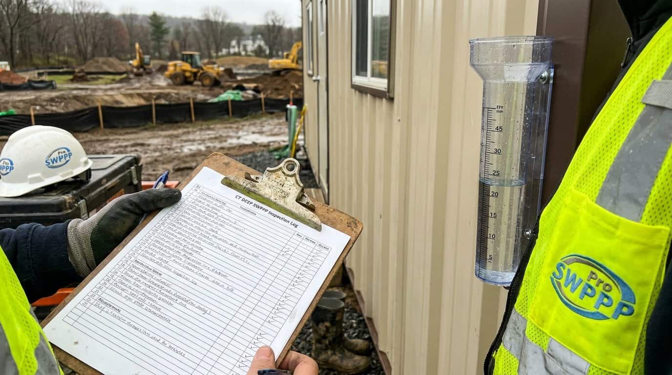 Close-up of a construction site inspection log and rain gauge mounted on a job trailer in Connecticut