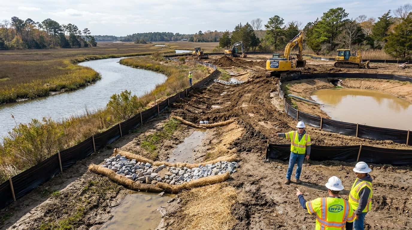 Construction site in Delaware with erosion controls and silt fencing installed near a waterway