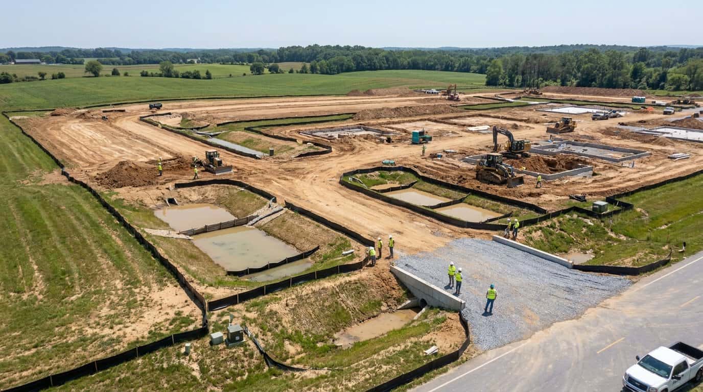 Aerial view of a Delaware construction site with staged grading and stormwater Best Management Practices
