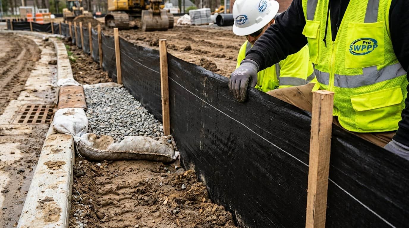 Close-up of properly installed silt fence and inlet protection at a Delaware construction site