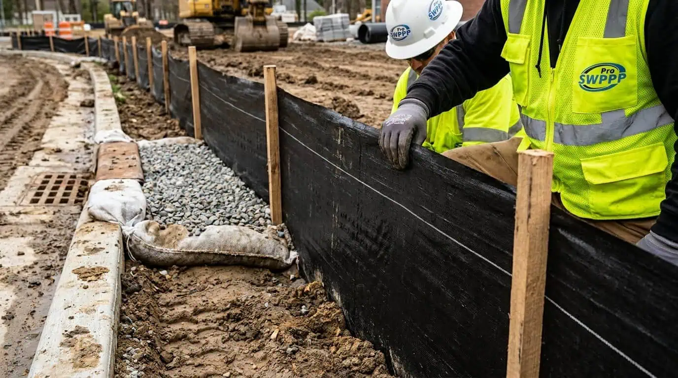 Close-up of properly installed silt fence and inlet protection at a Delaware construction site