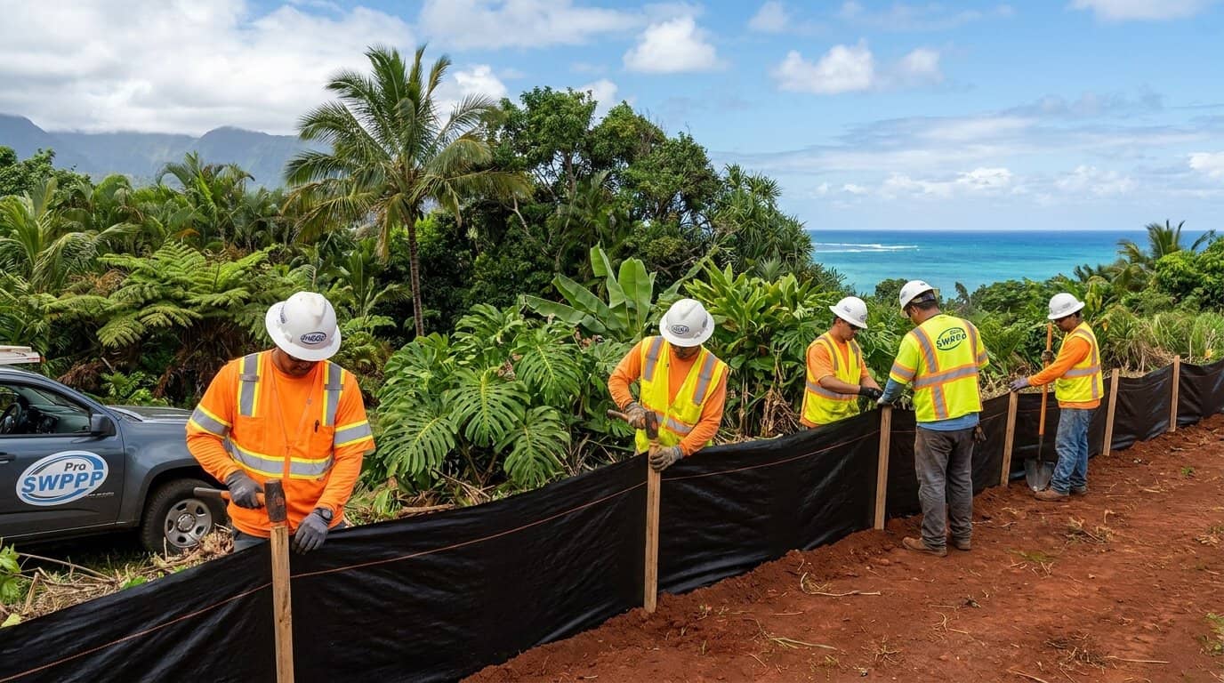Construction crew installing silt fencing at a Hawaii job site with tropical vegetation in the background