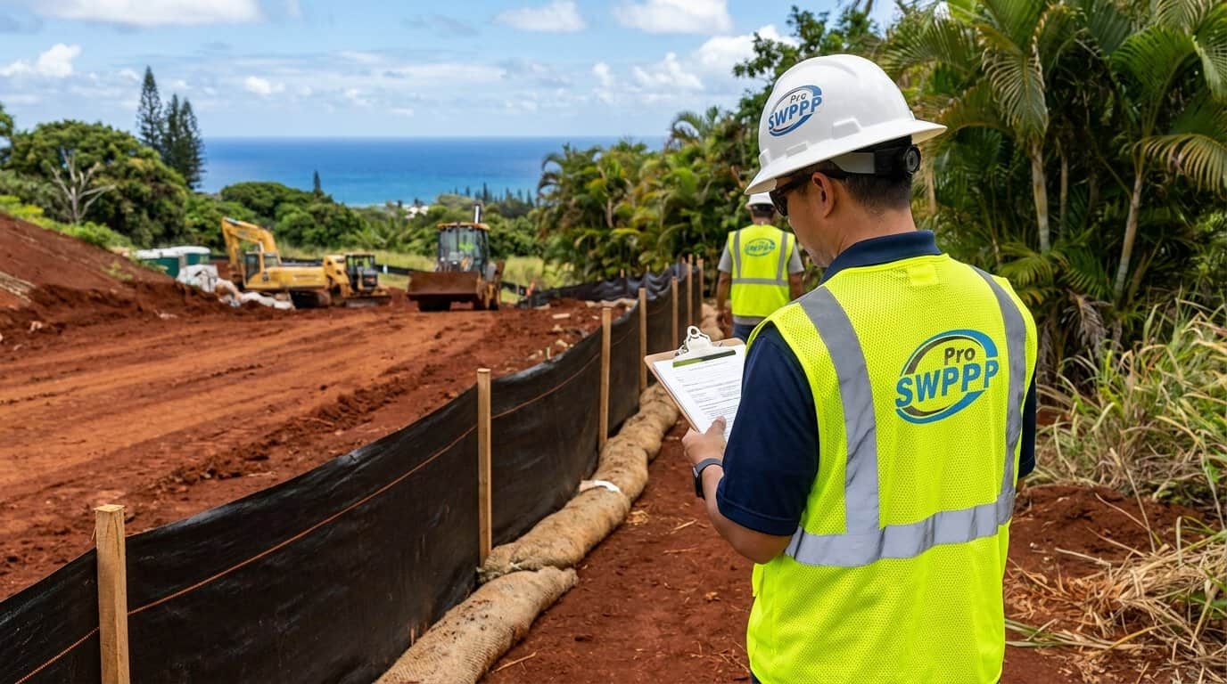 Inspector reviewing erosion control measures at a tropical construction site in Hawaii