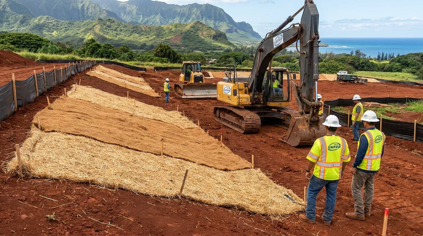 Heavy machinery on a Hawaii construction site with erosion control blankets and sediment barriers installed