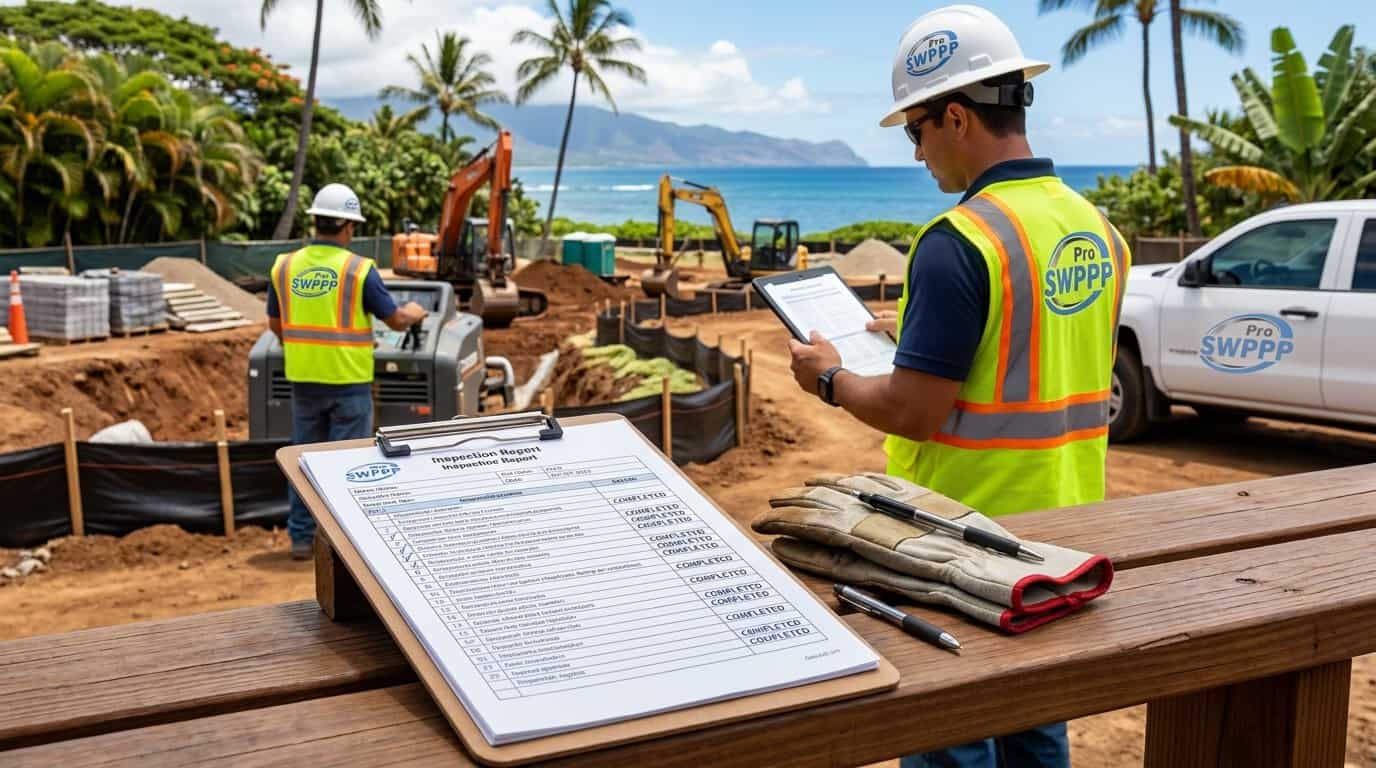 Completed inspection report and checklist on a clipboard at a Hawaii construction site