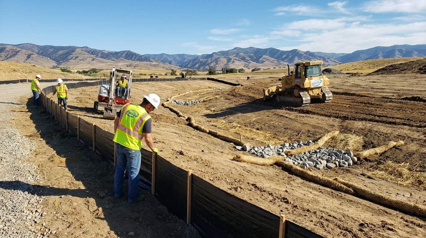 Idaho construction site with erosion controls and silt fencing installed under blue sky