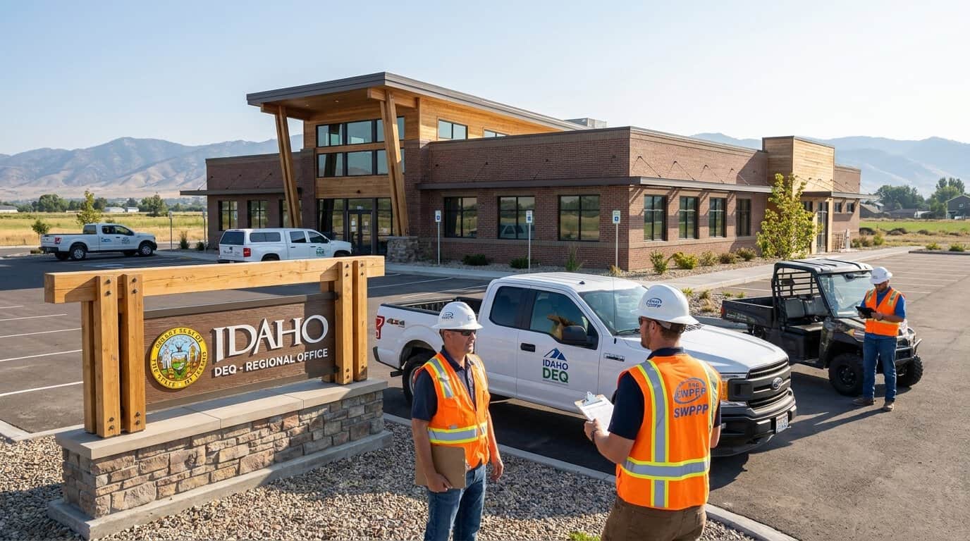 Idaho DEQ regional office building with parking lot and state signage