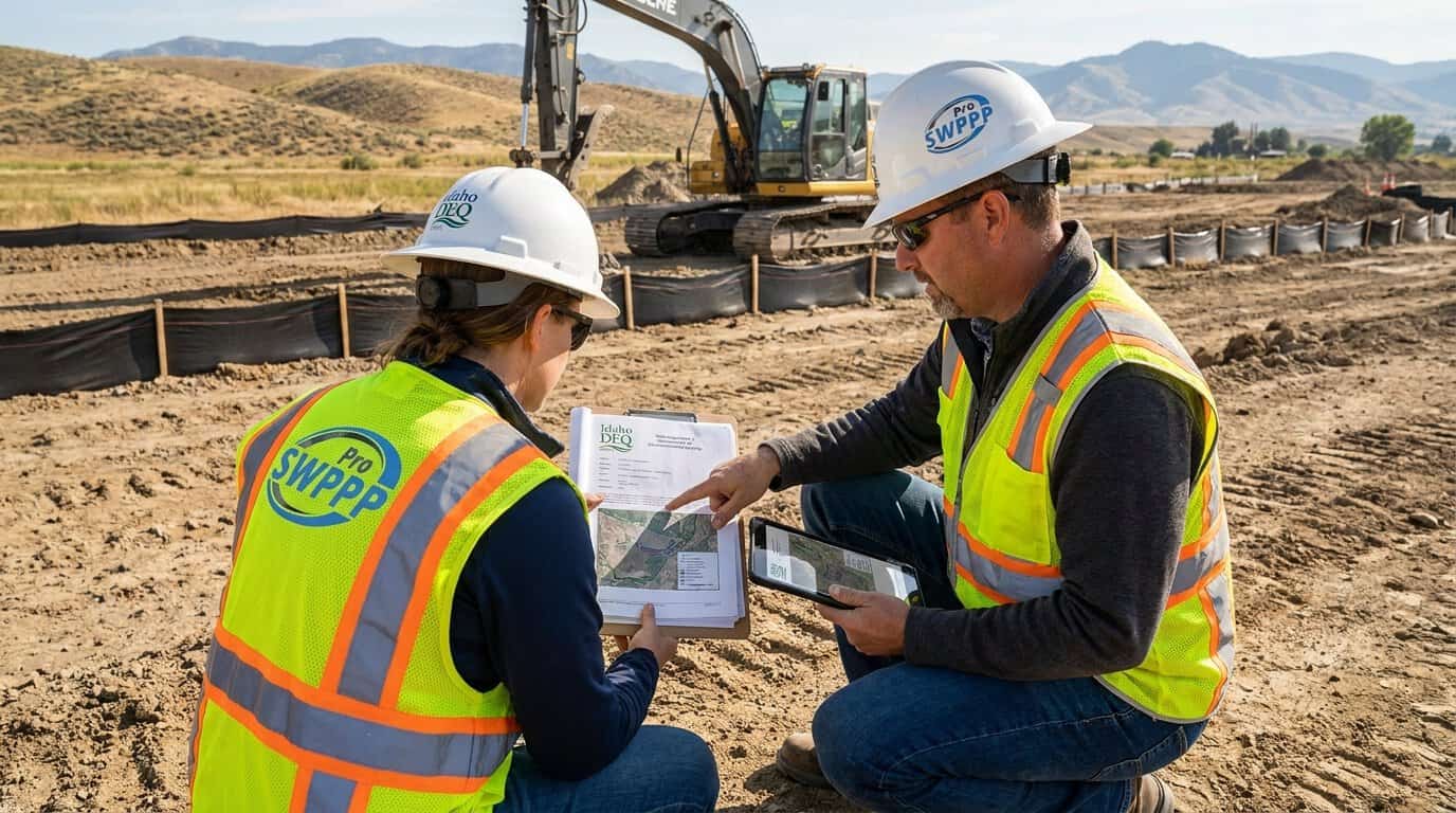 Idaho DEQ inspector reviewing SWPPP documents at construction site with clipboard