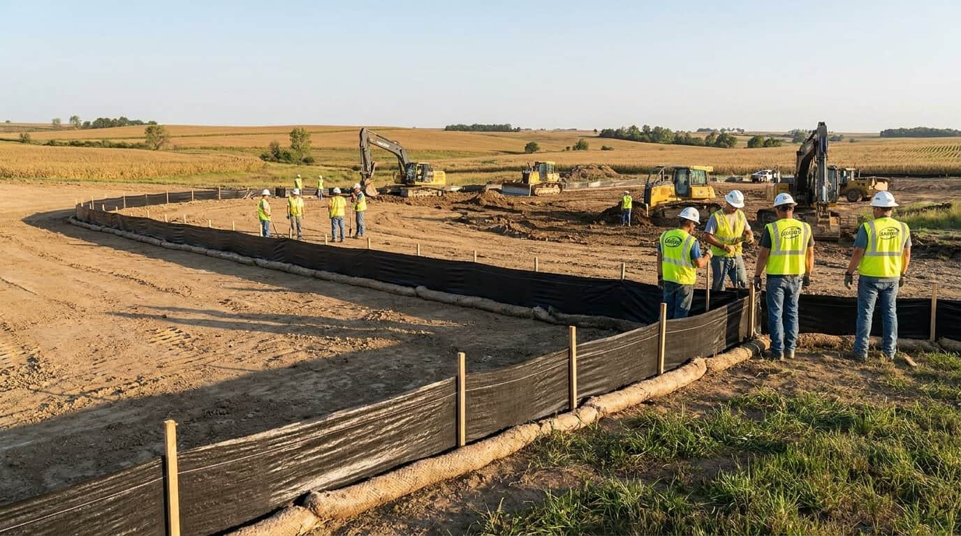 Iowa construction site with erosion control measures and silt fencing installed along a perimeter
