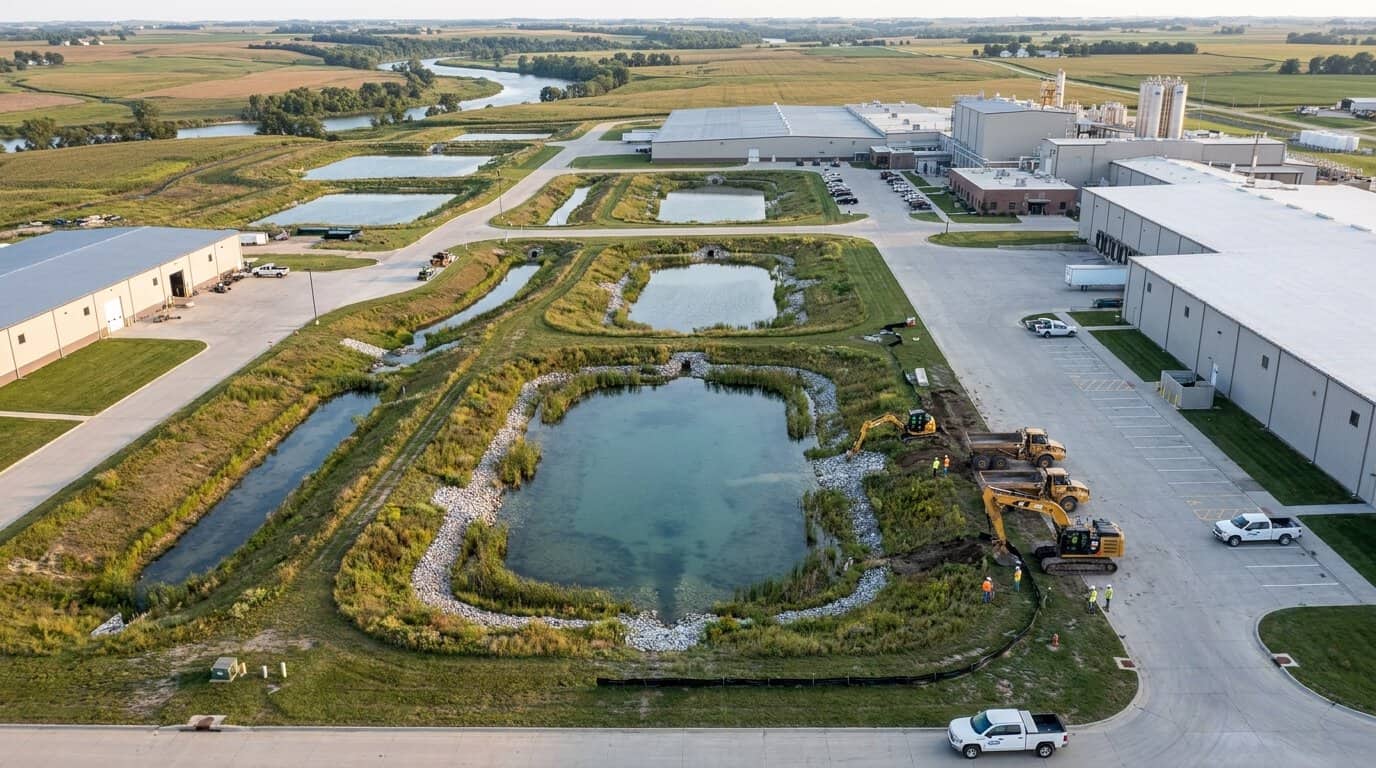 Aerial view of Iowa industrial facility with stormwater management systems and retention ponds