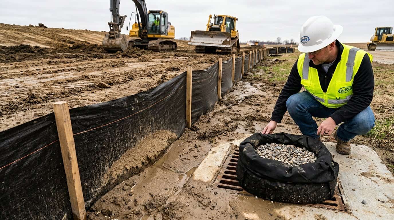 Close-up of sediment control BMPs including silt fence and inlet protection on an active Iowa construction site