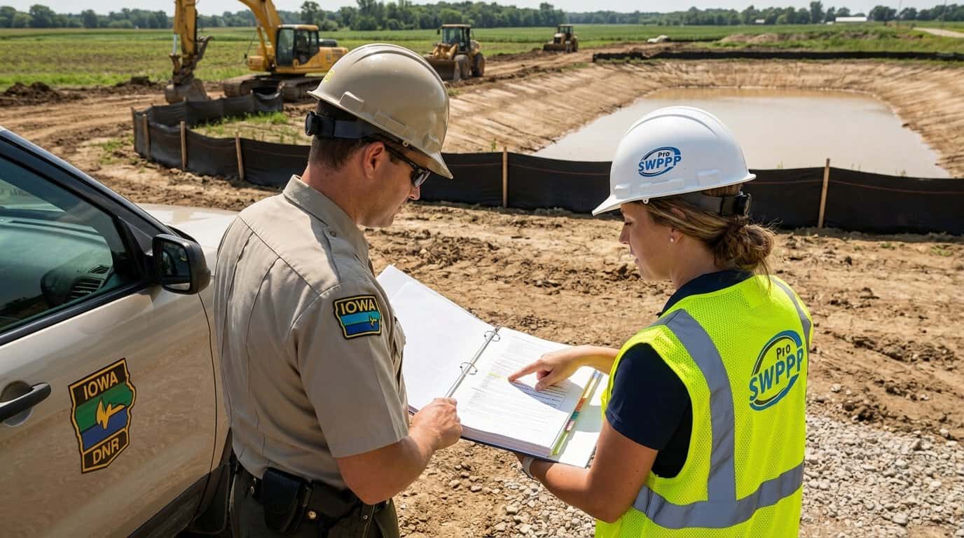 Iowa DNR inspector reviewing SWPPP documentation on a construction site