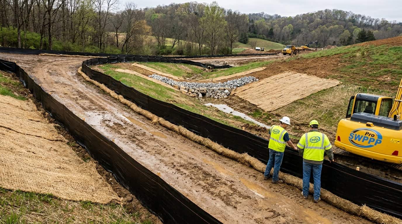 Construction site in Kentucky with silt fencing and erosion controls installed along a dirt access road